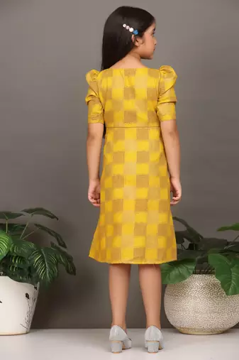 Ethnovog Ready To Wear Kids Girls Mustard Rayon Printed A-Line Dress
