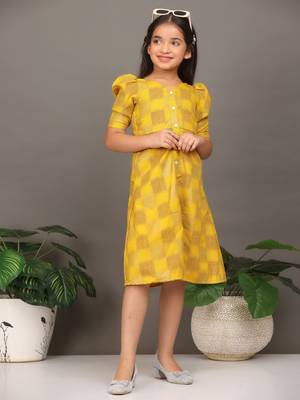 Ethnovog Ready To Wear Kids Girls Mustard Rayon Printed A-Line Dress 3