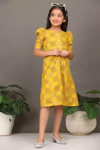 Ethnovog Ready To Wear Kids Girls Mustard Rayon Printed A-Line Dress