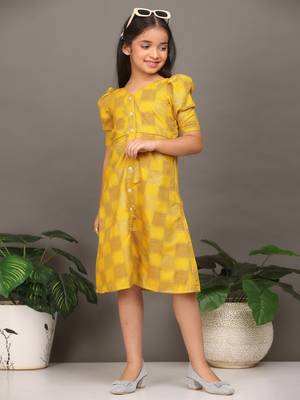 Ethnovog Ready To Wear Kids Girls Mustard Rayon Printed A-Line Dress 4