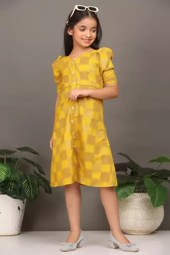 Ethnovog Ready To Wear Kids Girls Mustard Rayon Printed A-Line Dress