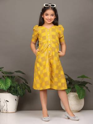Ethnovog Ready To Wear Kids Girls Mustard Rayon Printed A-Line Dress 1