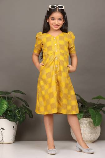 Ethnovog Ready To Wear Kids Girls Mustard Rayon Printed A-Line Dress
