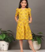 Ethnovog Ready To Wear Kids Girls Mustard Rayon Printed A-Line Dress