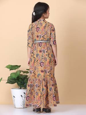 Ethnovog Ready To Wear Kids Girls Yellow Chinon Foil Printed A Line Dress 2