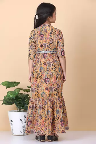 Ethnovog Ready To Wear Kids Girls Yellow Chinon Foil Printed A Line Dress