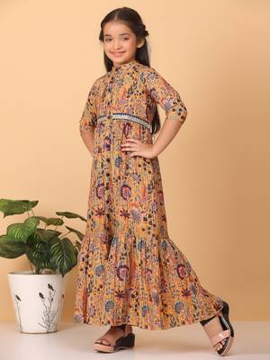 Ethnovog Ready To Wear Kids Girls Yellow Chinon Foil Printed A Line Dress 3