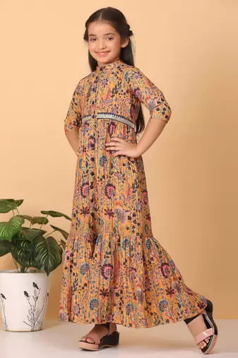Ethnovog Ready To Wear Kids Girls Yellow Chinon Foil Printed A Line Dress