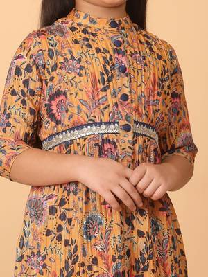 Ethnovog Ready To Wear Kids Girls Yellow Chinon Foil Printed A Line Dress 4