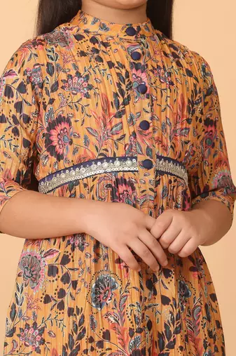 Ethnovog Ready To Wear Kids Girls Yellow Chinon Foil Printed A Line Dress