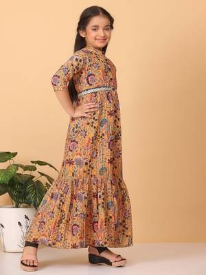 Ethnovog Ready To Wear Kids Girls Yellow Chinon Foil Printed A Line Dress 5