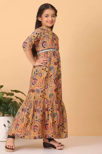 Ethnovog Ready To Wear Kids Girls Yellow Chinon Foil Printed A Line Dress