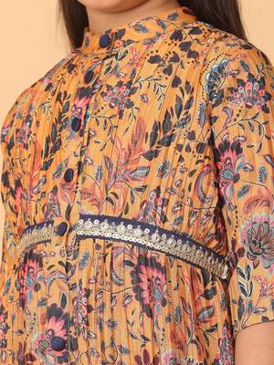 Ethnovog Ready To Wear Kids Girls Yellow Chinon Foil Printed A Line Dress 6