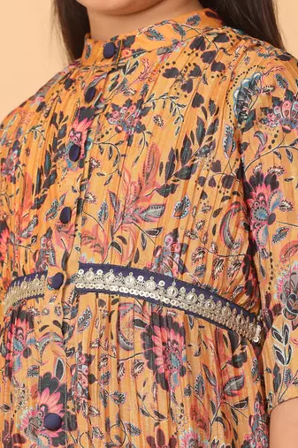 Ethnovog Ready To Wear Kids Girls Yellow Chinon Foil Printed A Line Dress