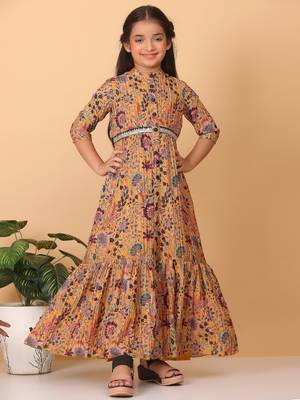 Ethnovog Ready To Wear Kids Girls Yellow Chinon Foil Printed A Line Dress 1