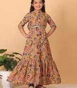 Ethnovog Ready To Wear Kids Girls Yellow Chinon Foil Printed A Line Dress