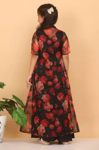 Ethnovog Ready To Wear Kids Girls Multicolored Printed Organza Jacket N Black Dress