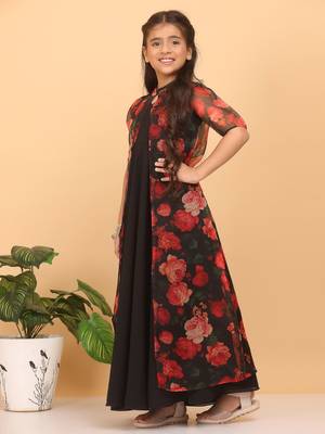 Ethnovog Ready To Wear Kids Girls Multicolored Printed Organza Jacket N Black Dress 3