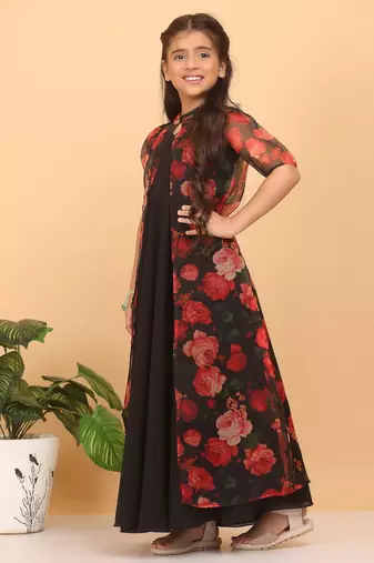 Ethnovog Ready To Wear Kids Girls Multicolored Printed Organza Jacket N Black Dress