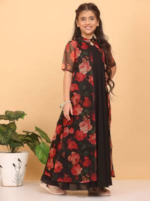 Ethnovog Ready To Wear Kids Girls Multicolored Printed Organza Jacket N Black Dress 4