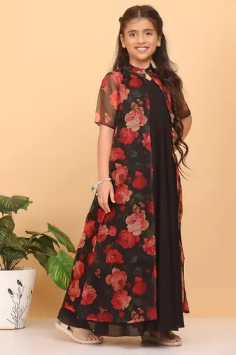 Ethnovog Ready To Wear Kids Girls Multicolored Printed Organza Jacket N Black Dress