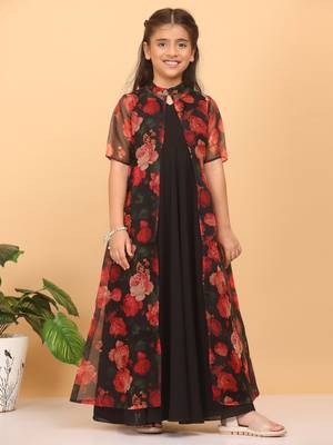 Ethnovog Ready To Wear Kids Girls Multicolored Printed Organza Jacket N Black Dress 1
