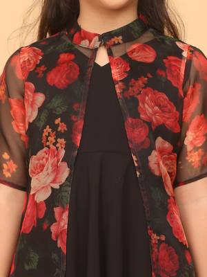 Ethnovog Ready To Wear Kids Girls Multicolored Printed Organza Jacket N Black Dress 5