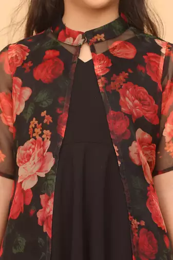Ethnovog Ready To Wear Kids Girls Multicolored Printed Organza Jacket N Black Dress