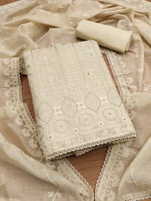 Cream lucknowi work modal chanderi semi stitched dress with unstitched bottom 1