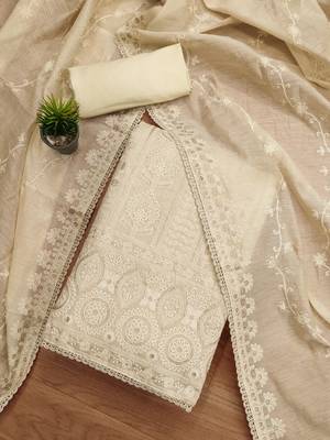 Cream lucknowi work modal chanderi semi stitched dress with unstitched bottom 2