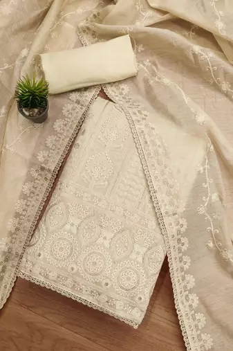 Cream lucknowi work modal chanderi semi stitched dress with unstitched bottom