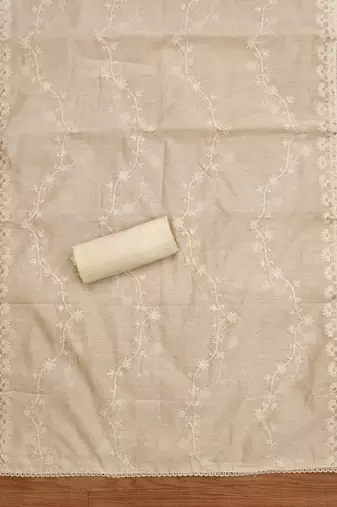 Cream lucknowi work modal chanderi semi stitched dress with unstitched bottom