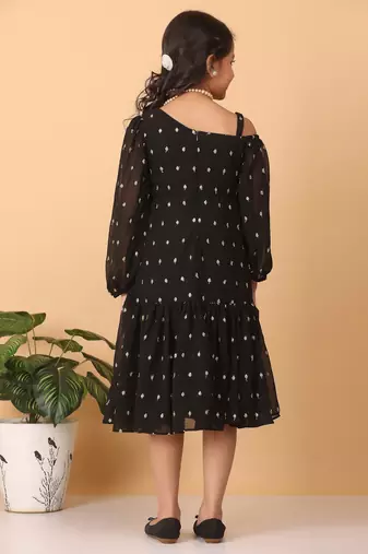 Ethnovog Ready To Wear Kids Girls Black Georgette Embroidered Dress