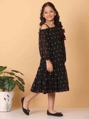 Ethnovog Ready To Wear Kids Girls Black Georgette Embroidered Dress 3