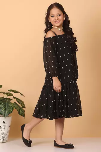 Ethnovog Ready To Wear Kids Girls Black Georgette Embroidered Dress