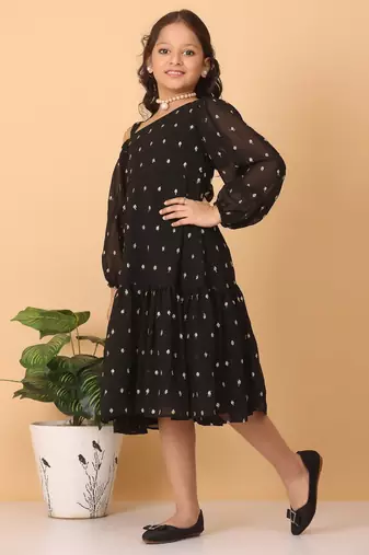 Ethnovog Ready To Wear Kids Girls Black Georgette Embroidered Dress