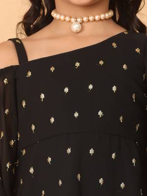Ethnovog Ready To Wear Kids Girls Black Georgette Embroidered Dress 5