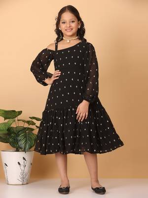 Ethnovog Ready To Wear Kids Girls Black Georgette Embroidered Dress 1
