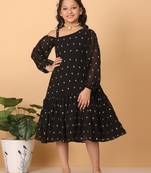 Ethnovog Ready To Wear Kids Girls Black Georgette Embroidered Dress