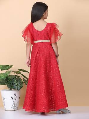 Ethnovog Ready To Wear Kids Girls Dark Red Sequins Embroidered Gown 2