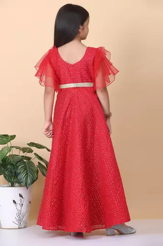 Ethnovog Ready To Wear Kids Girls Dark Red Sequins Embroidered Gown