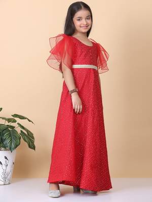 Ethnovog Ready To Wear Kids Girls Dark Red Sequins Embroidered Gown 3