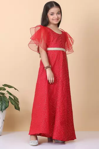 Ethnovog Ready To Wear Kids Girls Dark Red Sequins Embroidered Gown