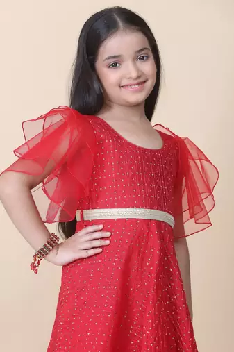 Ethnovog Ready To Wear Kids Girls Dark Red Sequins Embroidered Gown