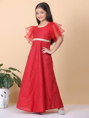 Ethnovog Ready To Wear Kids Girls Dark Red Sequins Embroidered Gown 5
