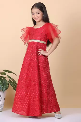 Ethnovog Ready To Wear Kids Girls Dark Red Sequins Embroidered Gown