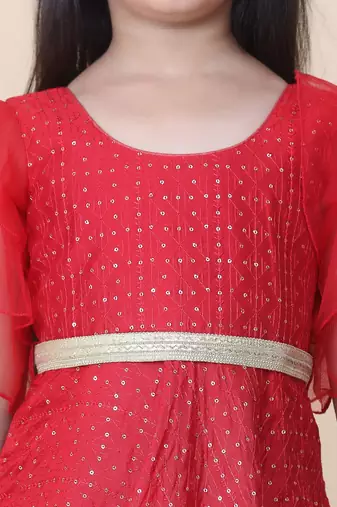 Ethnovog Ready To Wear Kids Girls Dark Red Sequins Embroidered Gown