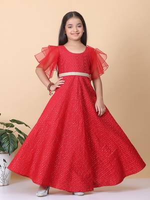 Ethnovog Ready To Wear Kids Girls Dark Red Sequins Embroidered Gown 1