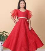Ethnovog Ready To Wear Kids Girls Dark Red Sequins Embroidered Gown