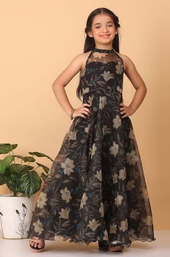 Ethnovog Ready To Wear Kids Girls Pink Organza Collar Halter Neck Gown